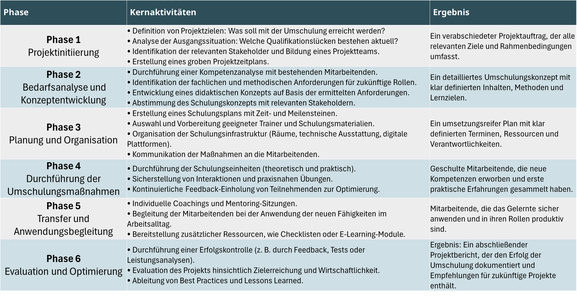 Kernaktivitäten und Ergebnisse der Phasen